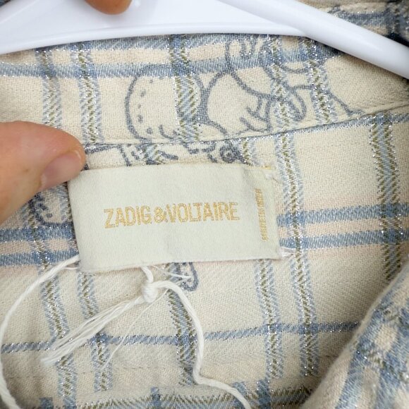 ZADIG & VOLTAIRE Cartoon Sketch Details Cream Plaid‎ Shirt Blue Pink Metallic M - Picture 4 of 7